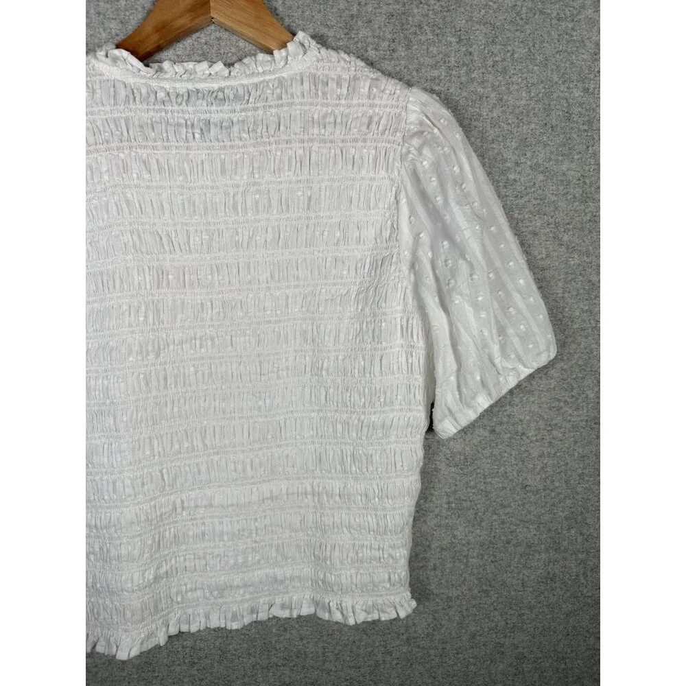 J. Crew Medium Womens Top White Crinkle Stretch Cotton Short Sleeve Boho - Picture 13 of 16